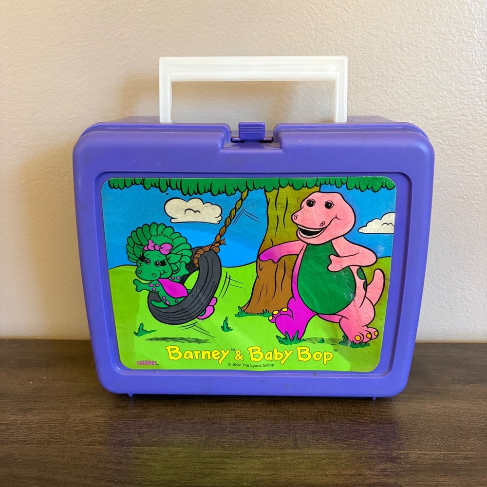 Vintage 1992 Barney & Baby Bop Thermos Purple Plastic Lunch Box Made in USA 90s